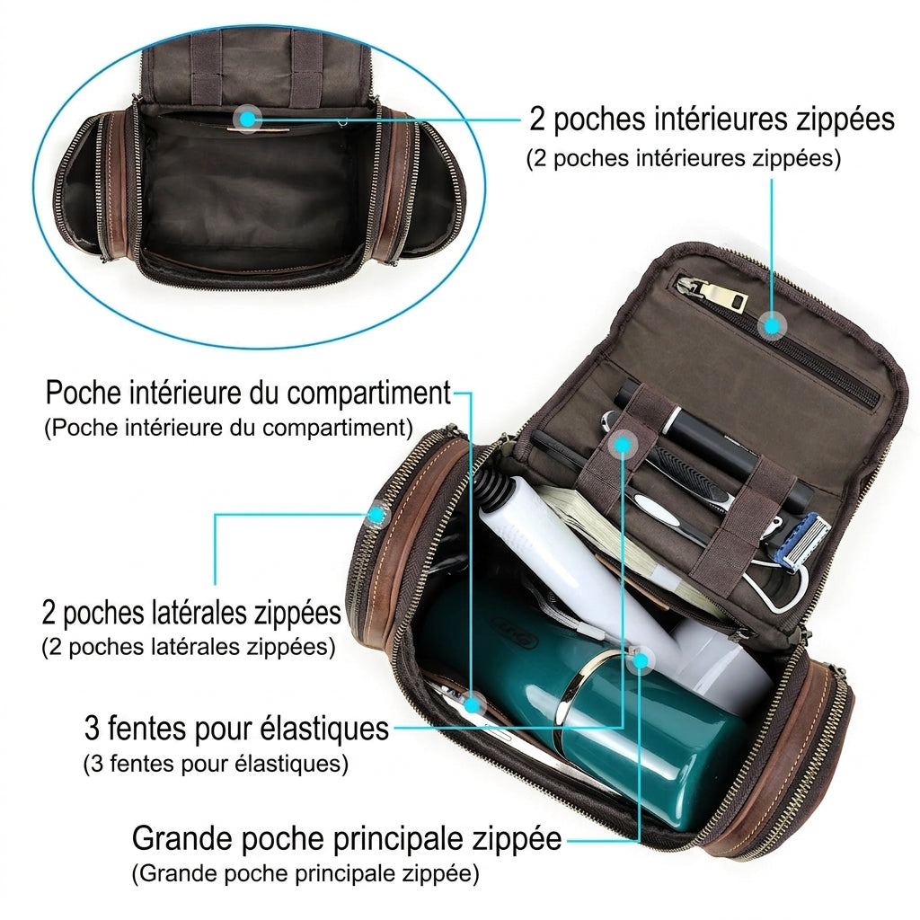 PROTEUS - Trousse de Toilette Cuir Véritable Vintage