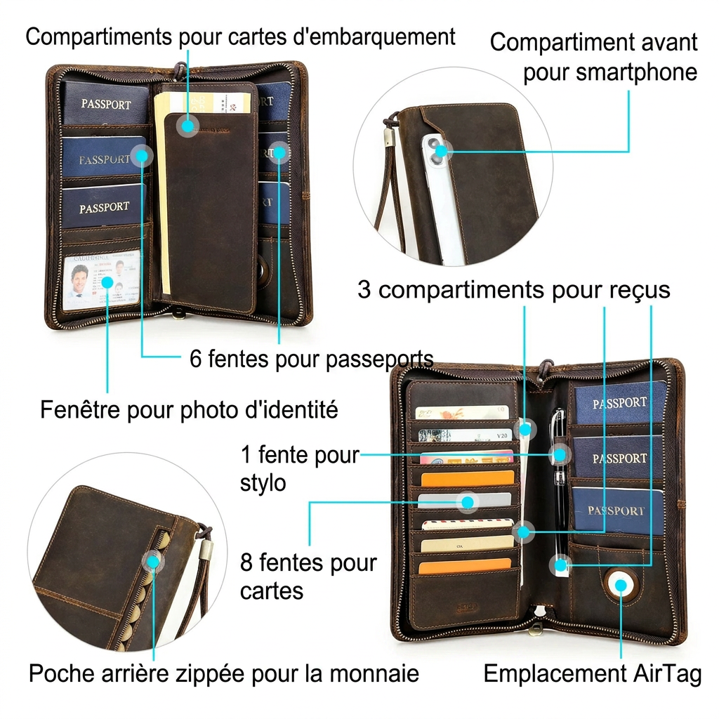 Zéphyr - Portefeuille Familial Cuir Véritable avec Fente AirTag