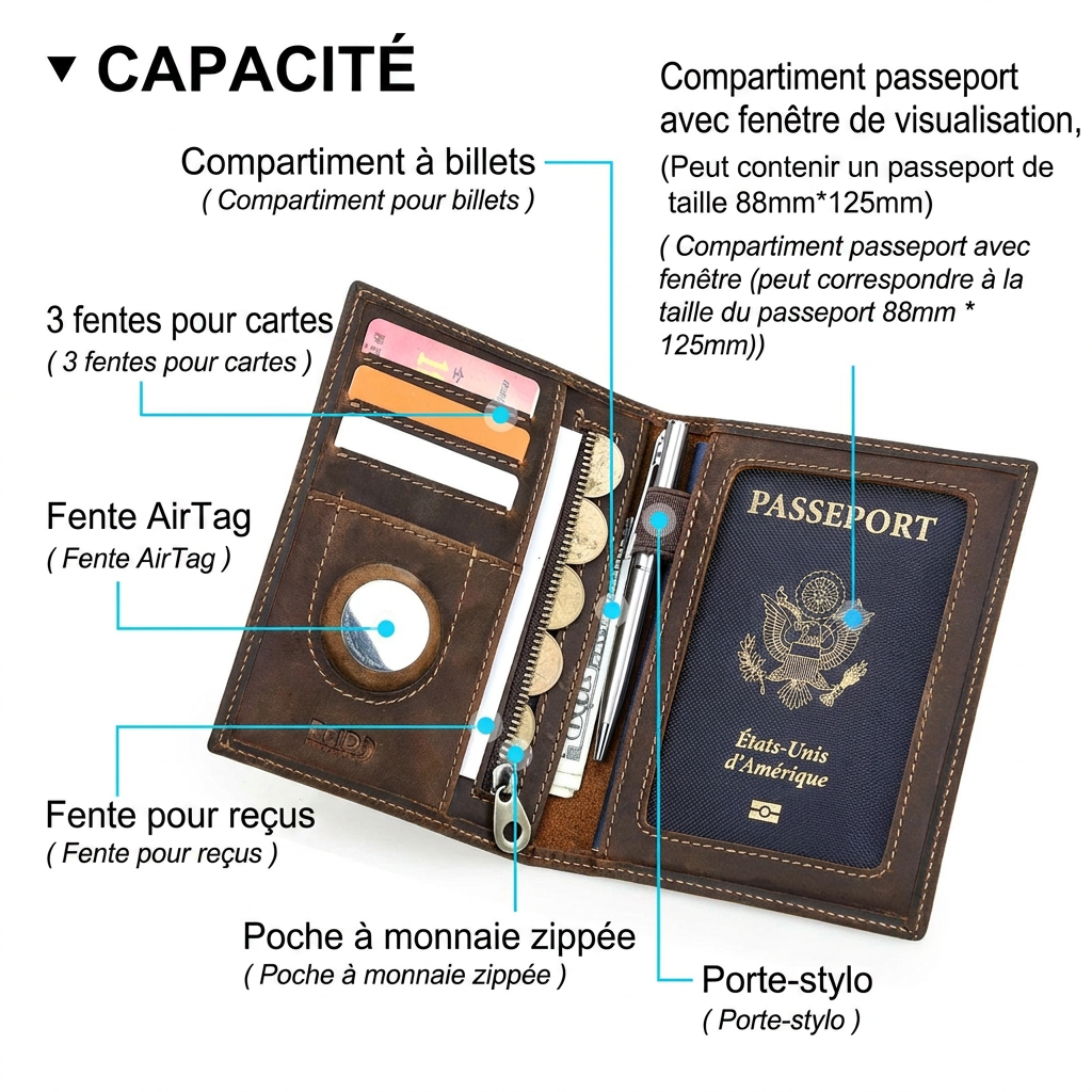 Zéphyr - Porte-Passeport Cuir Premium avec Étui AirTag