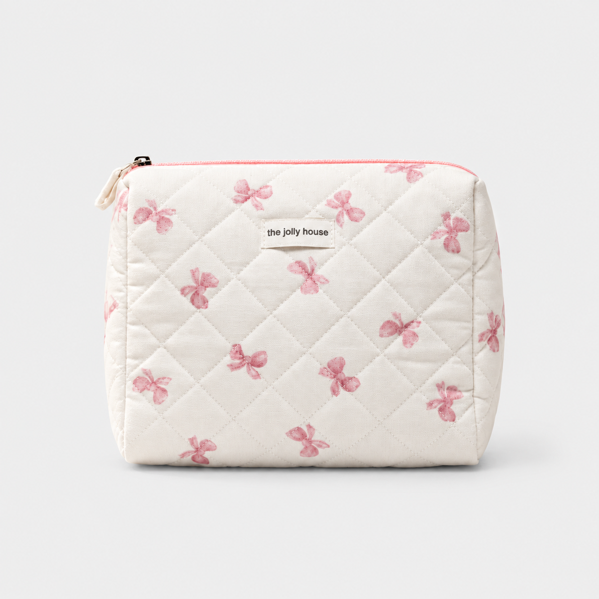 PETALINE – Trousse de toilette matelassée nœuds roses – Ivoire à nœuds roses