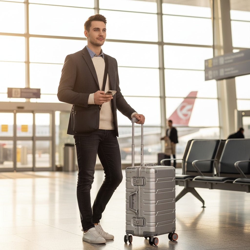 Valise Cabine Aluminium - en voyage