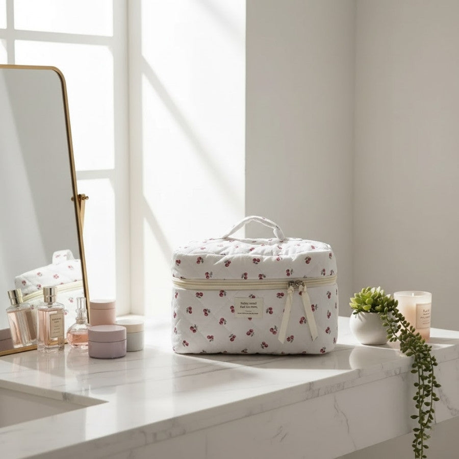 CERESIA – Vanity de toilette matelassé motif cerises : vue complémentaire