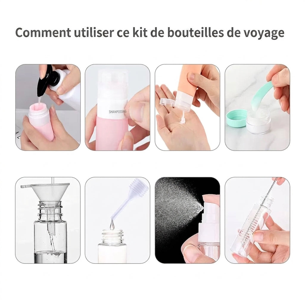 Zéphyr - Kit de 16 Flacons de Voyage Anti-Fuite en Silicone