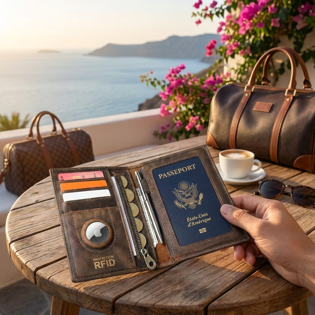 Zéphyr - Porte-Passeport Cuir Premium avec Étui AirTag