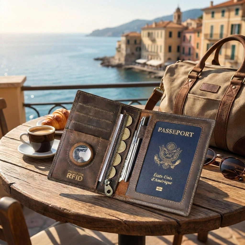 Zéphyr - Porte-Passeport Cuir Premium avec Étui AirTag