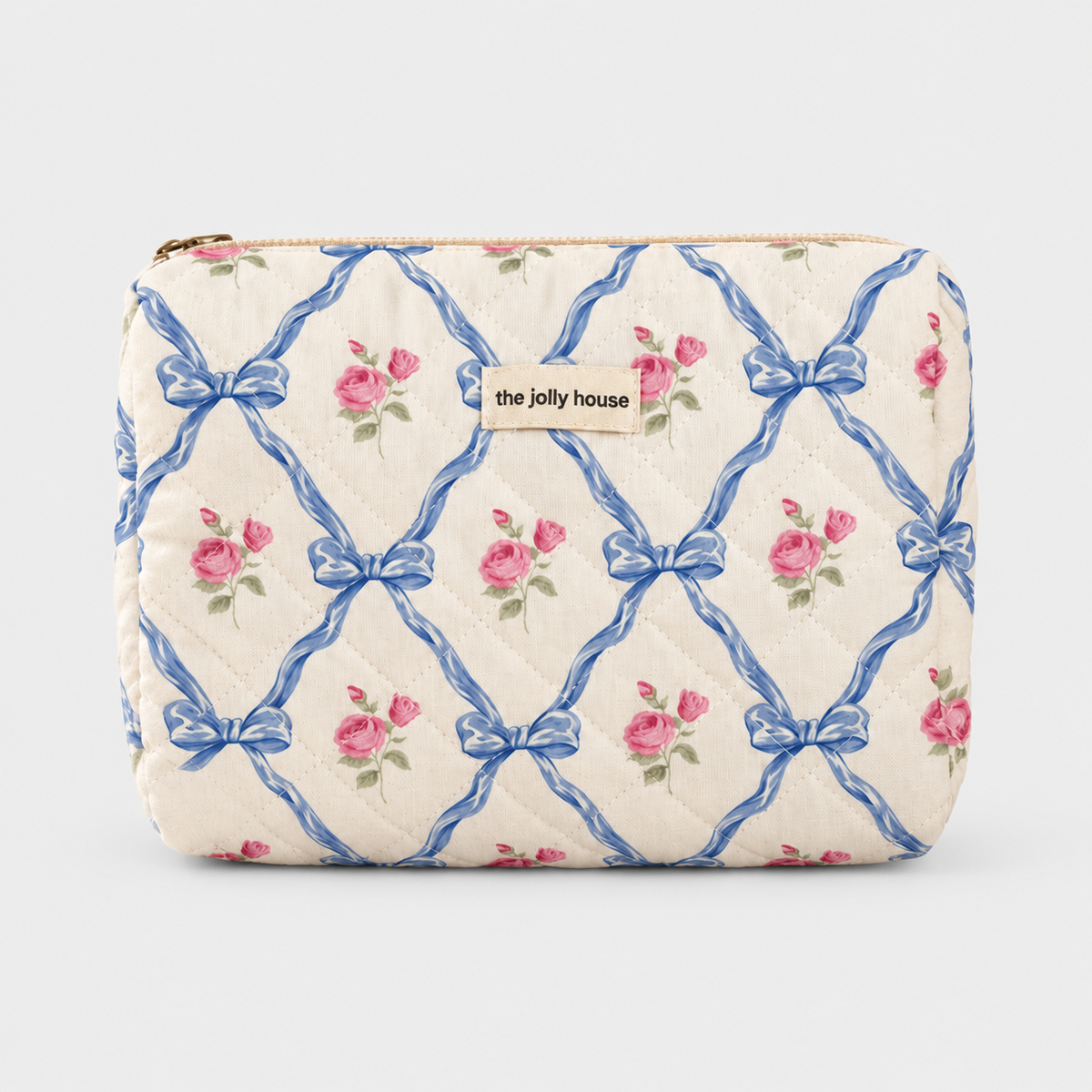 ROMELLE – Trousse de toilette matelassée vintage – Ivoire, bleu et rose