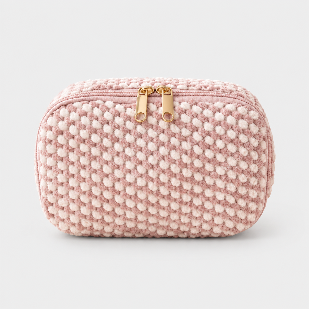 VELINA – Trousse de toilette velours texturé rose – Rose et blanc