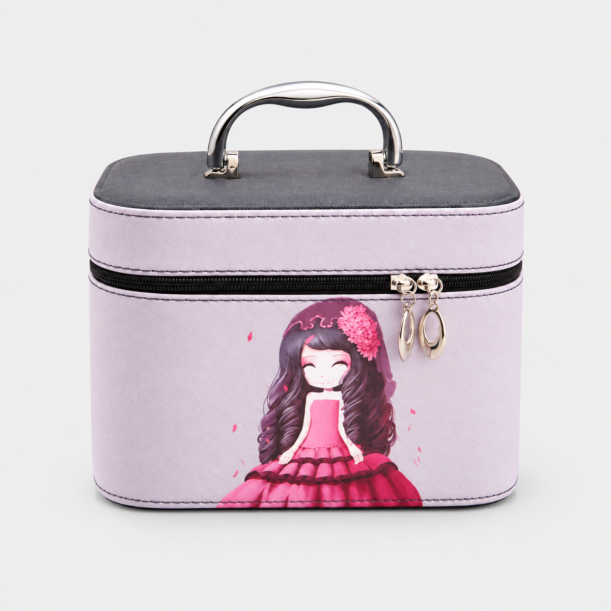 LILOU – Vanity fille avec miroir motif poupée – Gris et noir, motif rose