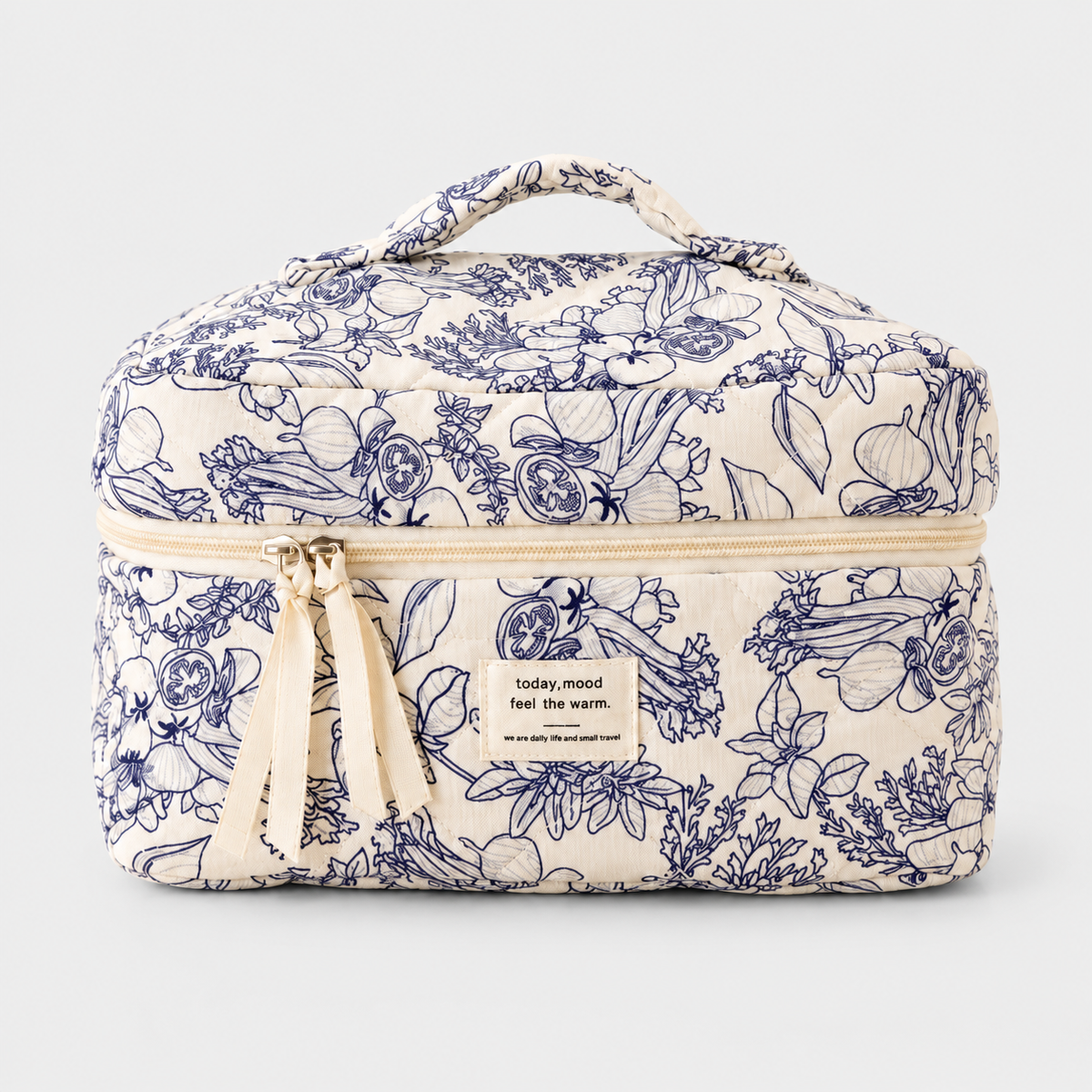 HORTIA – Vanity souple matelassé motif botanique – Ivoire et bleu botanique