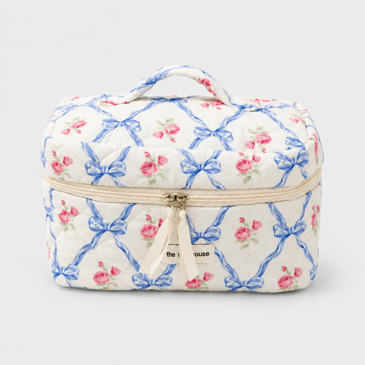 ROMELIA – Vanity souple matelassé fleurs et nœuds – Ivoire, bleu et rose